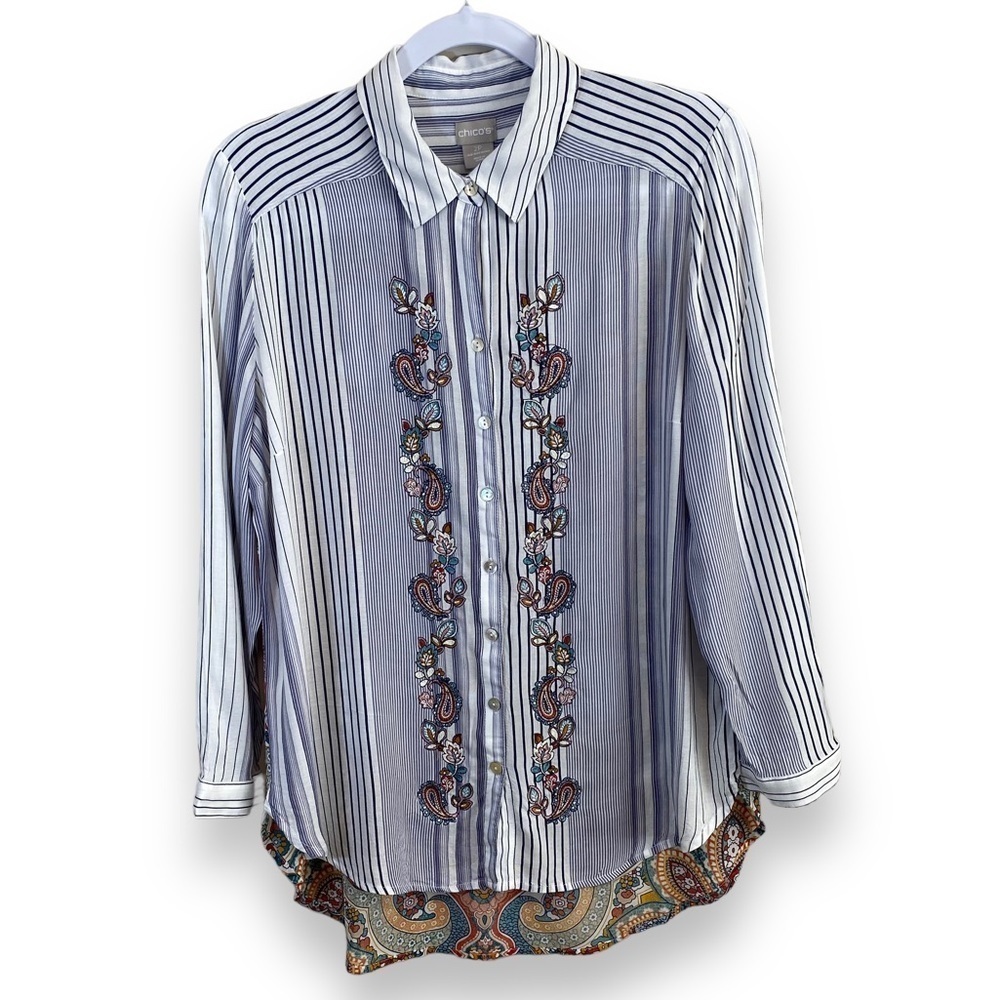 Chico's Striped Chiffon Blouse w Embroidery detail - Size 12-14P